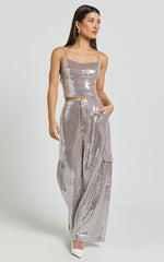 Tricia Pants - Mid Waist Cargo Pocket Sequin Pants in Grey