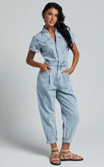 Jordyn Jumpsuit - Short Sleeve Collared Button Through Denim Jumpsuit in Light Blue