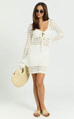 Karly Mini Dress - Crochet Knit Long Sleeve Dress in Ivory
