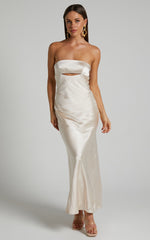 Kira Midi Dress - Strapless Cut Out Satin Dress in Champagne