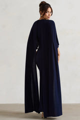 Padma | Navy Draped Maxi Dress With Cape Sleeves