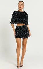 Reah Two Piece Set - Tie Back Top and High Waisted Sequin Mini Skirt in Black