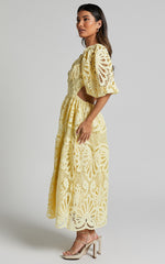 Anieshaya Midi Dress - V Neck Cut Out Lace Dress in Lemon