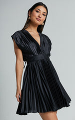 Ayienny Mini Dress - Plunge Neck Pleated Dress in Black