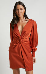Billie Mini Dress - Twist Front Long Puff Sleeves Dress in Copper
