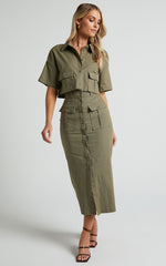Davina Two Piece Set - Button Front Top and Midi Skirt Set in Khaki