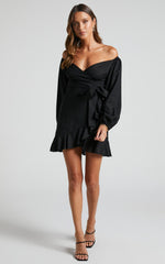 Cant Move On Off Shoulder Mini Linen Dress in Black Linen Look