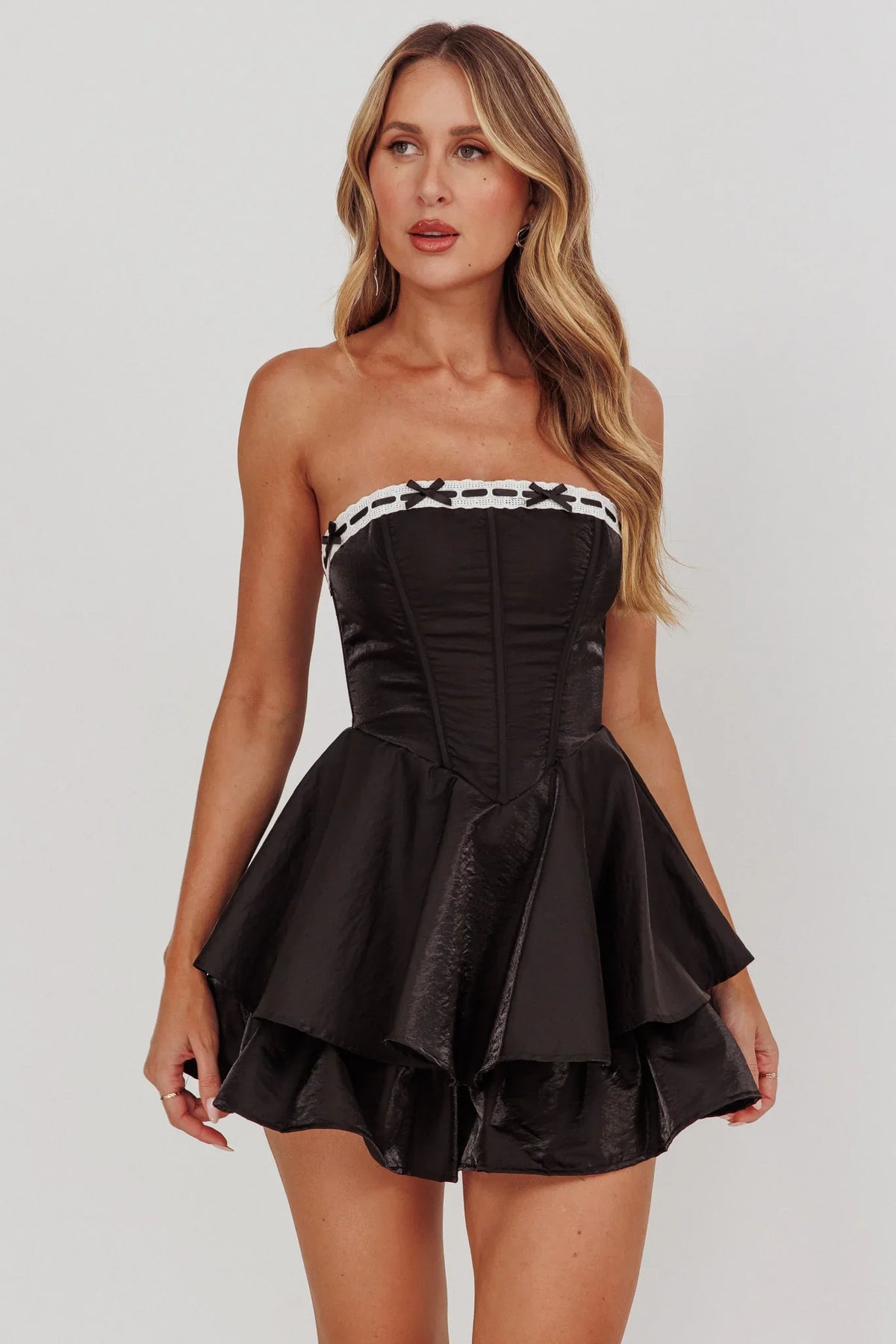 Paris Muse Ribbon Neckline Romper Black