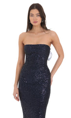 Sequin Strapless Maxi Dress in Navy
