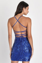 Shining Goddess Cobalt Blue Sequin Lace-Up Mini Dress