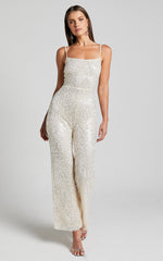 Carlie Jumpsuit - Straight Neck Strappy Sequin in Champagne