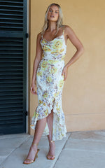 Sutton Midi Dress - Cowl Neckline Strappy Frill Hem in Dahlia Watercolour