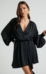 Laura Mini Dress - Long Sleeve V Neck Wrap Dress in Black