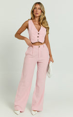 Bree Pants - Linen Mid Rise Relaxed Straight Leg Tailored Trousers in Light Pink