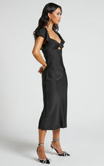 Emberlynn Midi Dress - Flutter Sleeve Cut Out Satin Dress in Black
