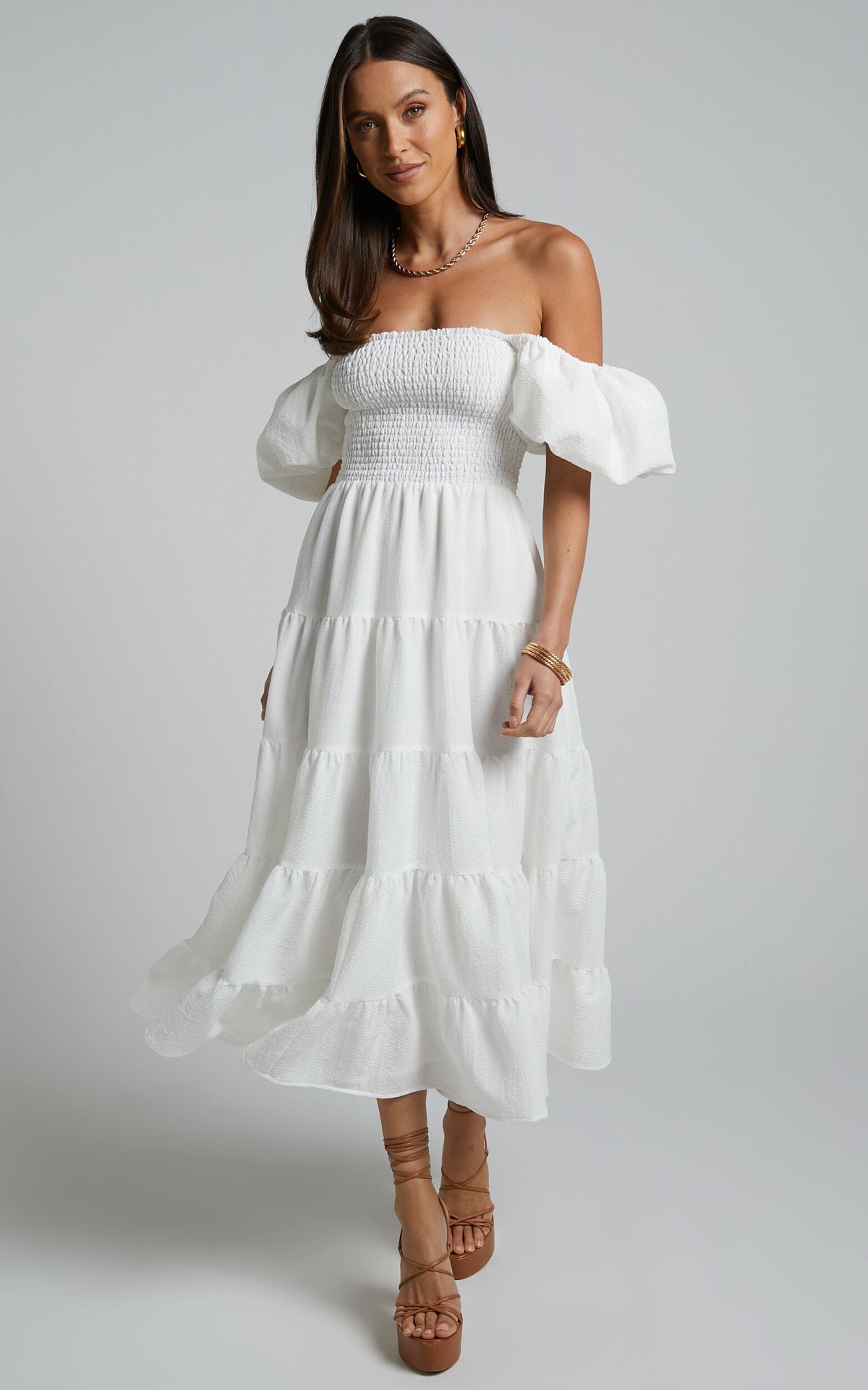 Maxima Midi Dress - Puff Sleeve Shirred Bodice Tiered Dress in White