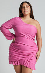 Paige Mini Dress - One Shoulder Frill Hem Wrap Skirt Dress in Pink
