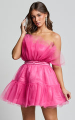 Amalya Mini Dress - Tiered Tulle Fit and Flare Dress in Hot Pink