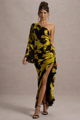 Sevilla | Mustard Print Satin Jacquard One Sleeve Ruffled Split Maxi Dress