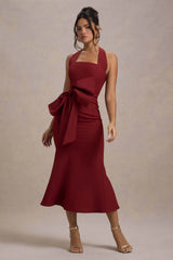 Aman | Berry Halter-Neck Midi Dress With Oversized Bow