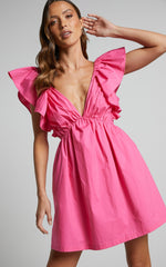 Raiza Mini Dress - Ruffle Sleeve Tie Back Plunge Dress in Fuchsia