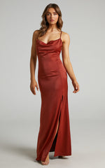 A Final Toast Midi Dress - Cowl Neck Thigh Split Dress in Copper Satin