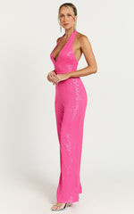 Belle Jumpsuit - Plunge Halter Sequin Jumpsuit in Hot Pink