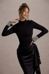 Luanna | Black Satin Long-Sleeve Midi Dress With Draped Skirt