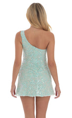 Sequin Floral One Shoulder Dress in Seafoam