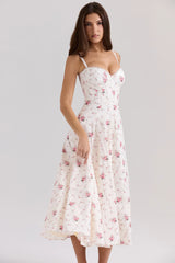 White Stretch Cotton Rose Print Midi Sundress