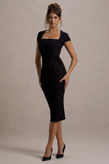 Lorenzie | Black Square-Neck Short-Sleeve Twist Midi Dress