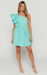 Brodie Mini Dress - One Shoulder Frill Dress in Green