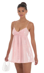 Sequin Front Bow Babydoll Dress in Pink