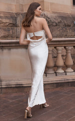 Charlita Maxi Dress - Strapless Cowl Back Satin Dress in Pearl