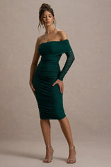 Bijou | Bottle Green Asymmetric Bardot Mesh Ruched Midi Dress