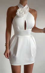 Sabatine Mini Dress - Halter Tie Neck Rosette Detail in White