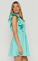 Brodie Mini Dress - One Shoulder Frill Dress in Green