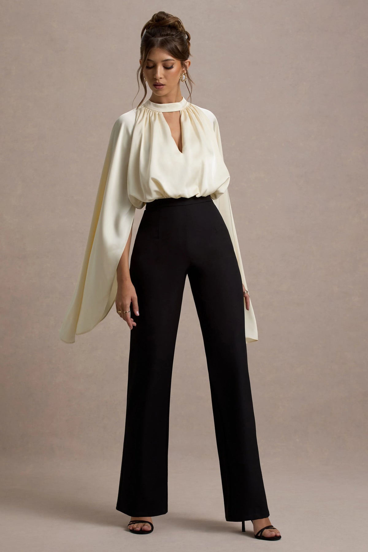Amity | Black & Cream Wide-Leg Jumpsuit With Satin Cape Sleeves