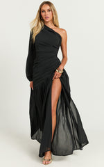 Grittah Midi Dress - One Shoulder Bishop Sleeve High Split Ruched Dress in Black