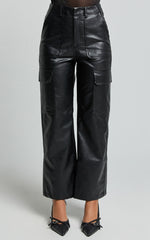 Yvette Pants - High Waist Faux Leather Cargo Pants in Black