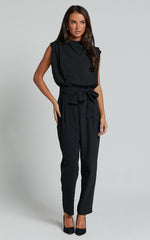 Arianae Jumpsuit - High Neck Tie Waist Jumpsuit in Black