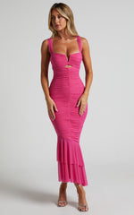 Kody Midi Dress - Bodycon Ruched Mesh Cut Out Dress in Hot Pink