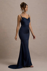Made With Love | Navy Satin Strappy Fishtail Maxi Dress