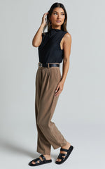 Delailah Pants - Tailored High Waisted Pleat Front Tapered Leg in Cappuccino
