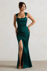 A Romantic | Green Satin Corset Wrap Maxi Dress