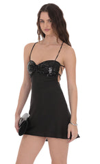 Satin Sequin Bust Dress in Black