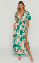 Lindey Midi Dress - Side Cut Plunge Neck Puff Sleeve Dress in Green and Cream Geo