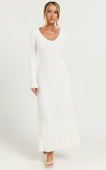 Astra Midi Dress - V Neck Long Sleeve Knit Dress in White