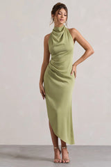 Sophina | Light Olive Satin Cowl-Neck Asymmetric Midi Dress