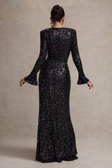 Wild Dream | Black Sequin Plunge-Neck Ruffle Split Maxi Dress